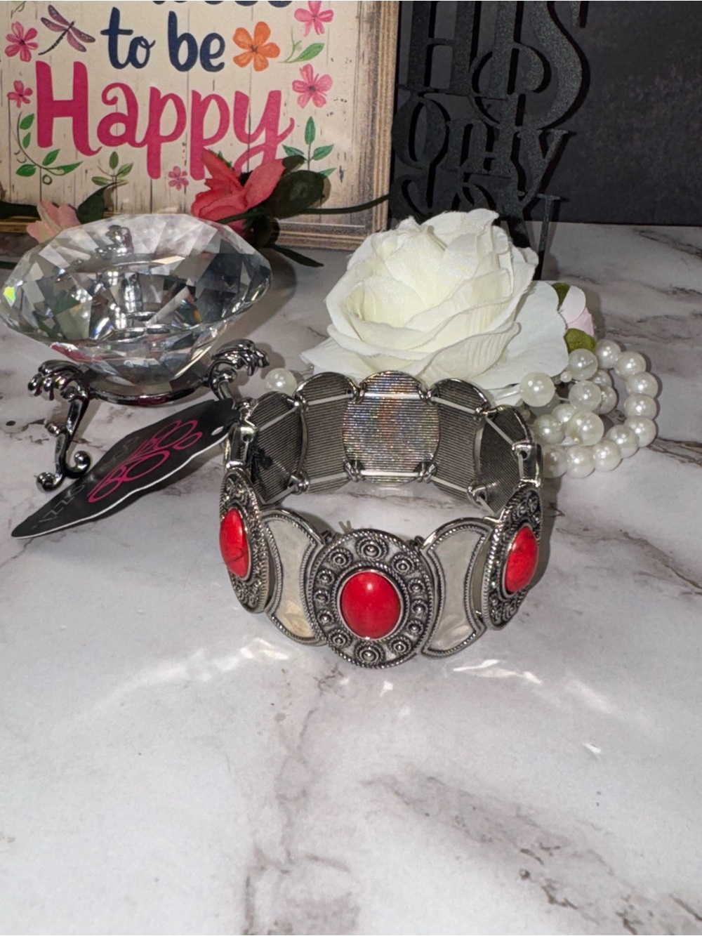 paparazzi Silver-Tone Bracelet with Bright Red Cabochons